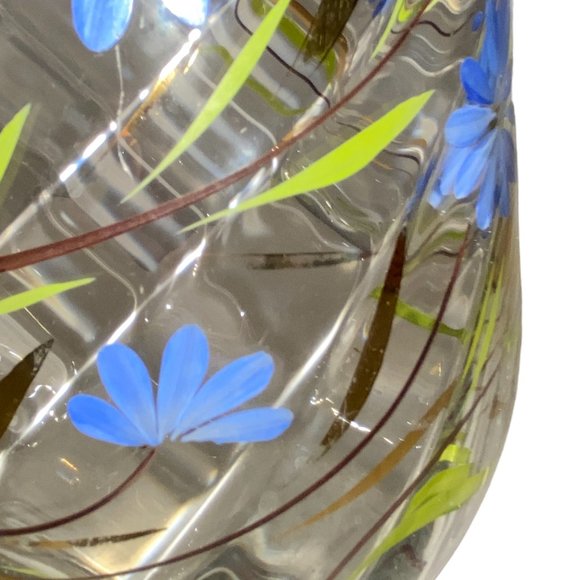 Tall Large Clear Glass Flower Vase Hand Painted Floral BLue Green Gold Signed - Picture 3 of 6